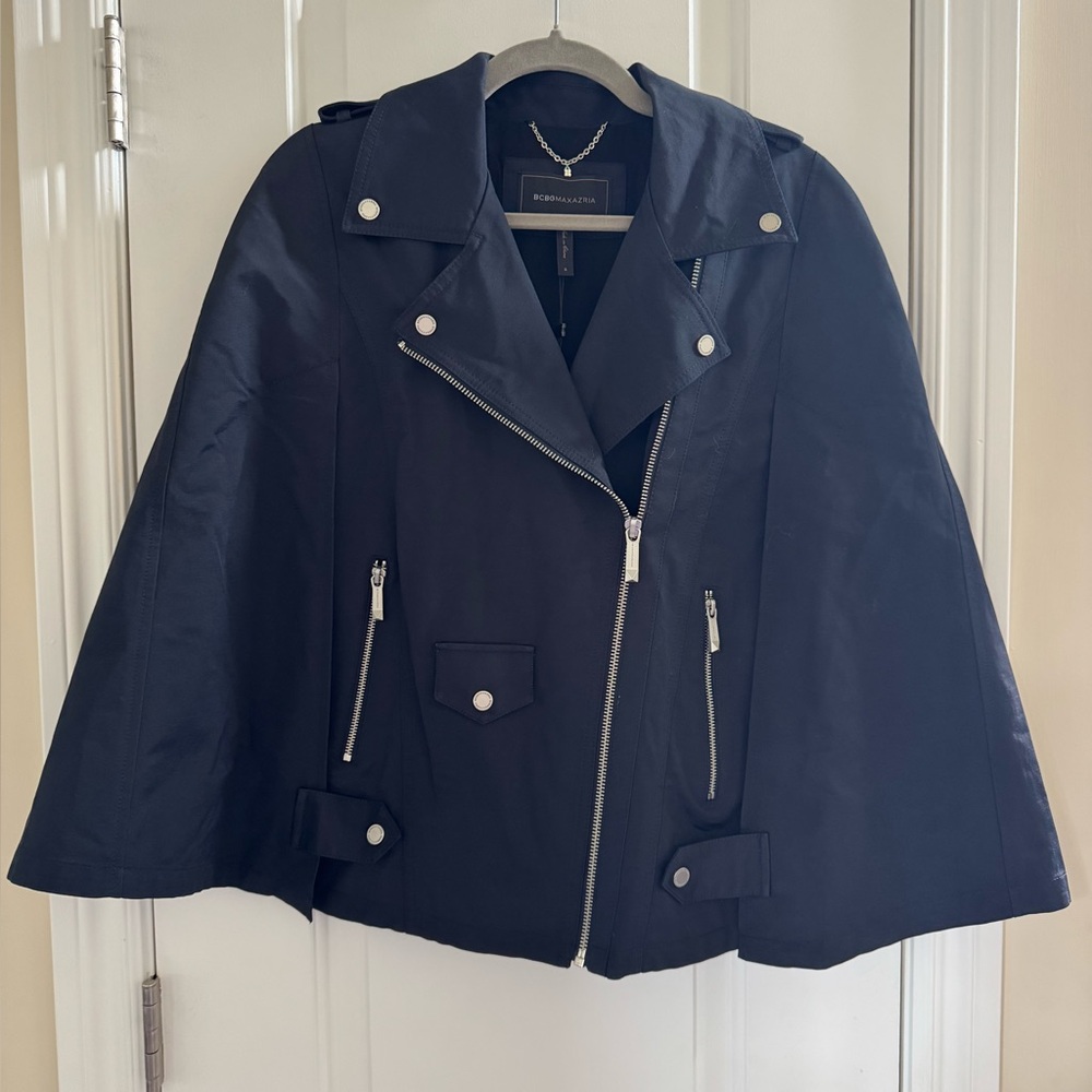 BCBGMAXAZRIA Asymmetrical Cape Sm Black Moto Poncho Jacket Structured Utility - Picture 5 of 8